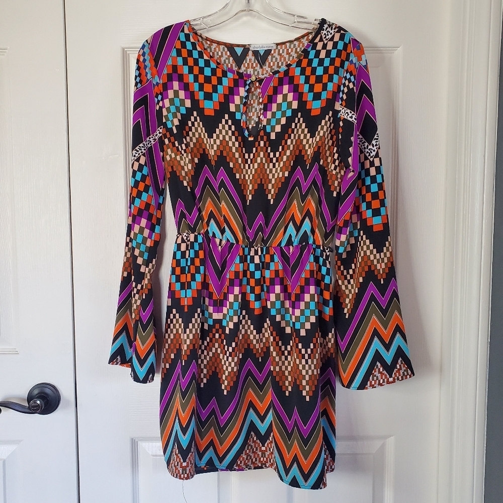 Charlotte Russe Hippie Multicolor Mini Dress Long Sleeves Pullover Keyhole Large